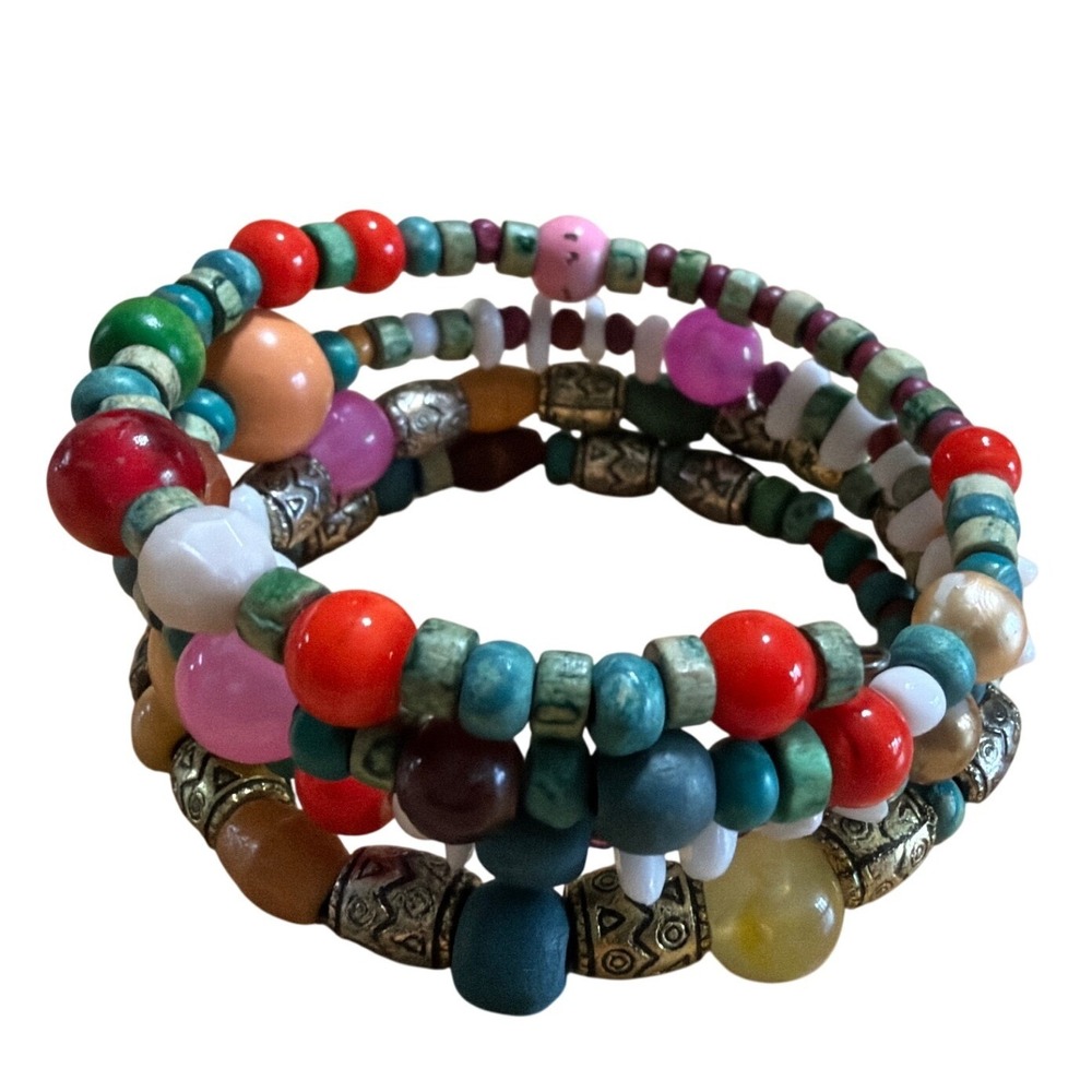 Boho Multi-Strand Beaded Memory Wire Wrap Bracelet‎ Colorful Eclectic Stacked